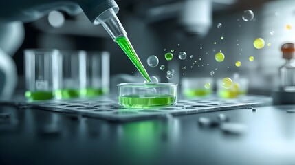 Poster - Macro shot of a laboratory professional delicately pipetting a vivid emerald colored liquid into pristine culture plates for advanced clinical research and medical analysis