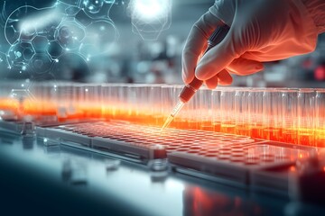 Poster - Analytical chemistry laboratory work analytical chemist wielding a micropipette to transfer solutions into sample trays rows of test tubes and Erlenmeyer flasks