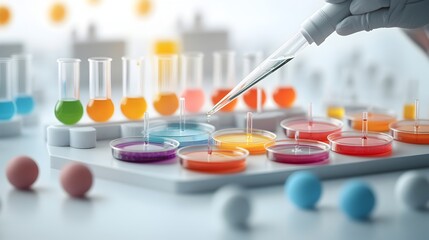 Poster - Meticulous Precision Laboratory Research with Colorful Chemical Filled Petri Dishes Using Glass Droppers and Modern Scientific Equipment in a Clean Sterile Environment