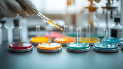 Poster - Precision Laboratory Research with Scientist Carefully Adding Liquid to Colorful Chemical Filled Petri Dishes Using a Glass Dropper and Modern Scientific Equipment in a Clean Sterile Environment