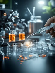 Poster - Close up view of lab technician s hands carefully using a pipette to precisely dispense clear liquid into a series of small glass containers