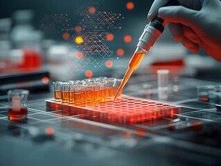 Poster - High magnification perspective of a meticulous scientist precisely pipetting various chemical solutions into pristine sample trays within a spotlessly clean well lit laboratory setting