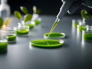 Poster - Close up view of a laboratory technician precisely transferring a vibrant green liquid into sterile petri dishes using a micropipette for crucial scientific testing and analysis within a crisp clean