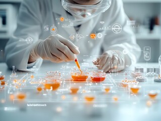 Poster - Focused laboratory technician in white lab coat and protective goggles carefully pipetting solution into culture dishes