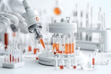 Poster - Meticulous Laboratory Worker Precisely Dosing Scientific Samples in Pristine White Environment with Clinical Equipment and Instruments in the Background Shallow Depth of Minimalist Style