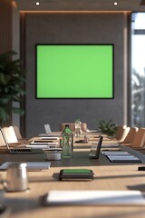 Poster - A modern conference room featuring a long table, chairs, and a large green screen for presentations.