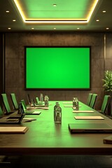Fototapete - A modern conference room featuring a large green screen, sleek furniture, and a well-lit atmosphere, ideal for presentations and meetings.