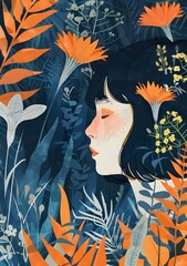 Wall Mural - Woman In A Floral Illustration