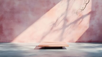 Poster - Minimalist 3D studio scene featuring a pale lavender background vacant floor and wall and a product dais  The shadow pattern from a window aperture creates a diffused daylight effect on the tabletop
