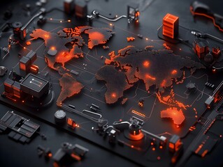 Poster - Detailed digital world map highlighting intricate container shipping networks and real time data analytics of global commerce pathways with moody high contrast 3D environments