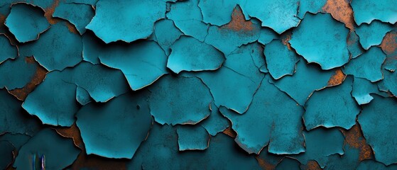 Poster - Teal paint peeling off a surface, creating a textured and colorful background.