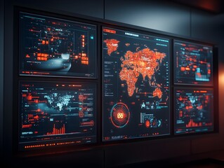 Poster - AI Powered Global Logistics Coordination Vast Command Center Overseeing Worldwide Import Export with Multiple Display Screens Futuristic User Interface