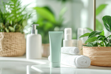 Wall Mural - Serene Bathroom with Pastel Green Tub and Natural Elements Relaxing Bathroom Interior with Lush Greenery and Soft Light Reflection