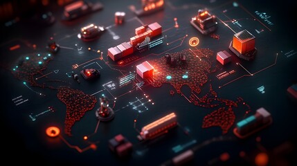 Poster - Futuristic global logistics network with complex map of interconnected supply chains container ships and cargo vessels navigating vast oceans