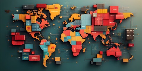 Poster - AI Powered Global Logistics A Dynamic World Map Showcasing Data Driven Optimization of International Delivery Systems and Maritime Container Traffic  Vibrant Digital with Bold Colors