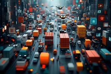 Poster - Expansive futuristic logistics infrastructure with intricate web of autonomous trade routes and transportation hubs real time data analytics dashboards vibrant color palette and neon accents
