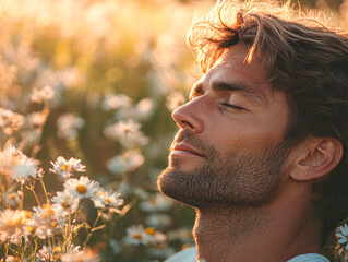 Wall Mural - A man is sitting in a field of flowers, looking up at the sky