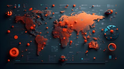 Poster - Futuristic global logistics network with intricate world map displaying real time supply chain data container ship route monitoring and streamlined delivery processes