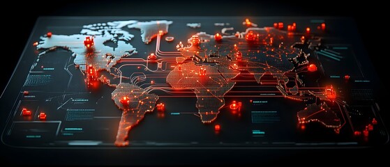 Poster - Cutting edge AI powered global logistics platform with expansive digital map showcasing complex container ship routes and worldwide trade flows