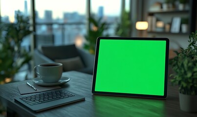Aufkleber - A sleek tablet with a green screen sits on a modern wooden desk, accompanied by a coffee cup and keyboard, in a stylish, plant-filled workspace.