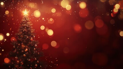 Wall Mural - christmas background with xmas tree and sparkle bokeh lights on red canvas background. merry christm
