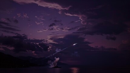 Aerial view of a missile launch from a warship towards a distant target, showcasing the power and precision of military strikes in a dark sky and ocean setting.