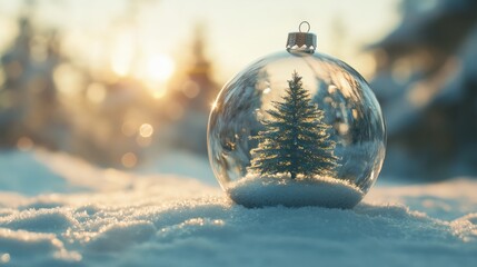 Wall Mural - christmas glass ball with tree in it on winter background.