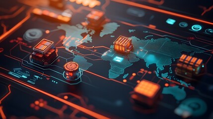 Poster - Cutting edge AI powered international logistics network with intricate world map displaying supply chain routes and container ship movements