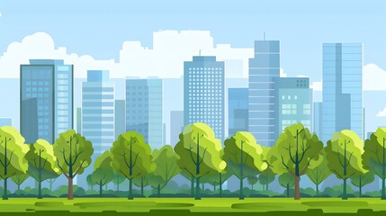 Sticker - Green Trees and Modern Buildings in City Skyline Illustration