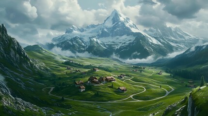 Sticker - Aerial view of the Swiss Alps, overcast sky, green grassy hills with small buildings and winding roads leading to mountains in the distance