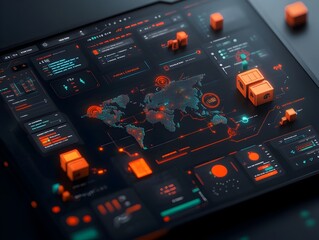 Poster - Sophisticated AI driven logistics platform overseeing global container shipments and international trade movements comprehensive dashboard displaying dynamic data analytics