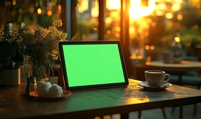 Poster - A cozy café setting featuring a tablet with a green screen, a cup of coffee, and flowers, illuminated by warm sunset light.