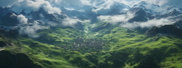 Sticker - Aerial view of the Swiss Alps, overcast sky, green grassy hills with small buildings and winding roads leading to mountains in the distance