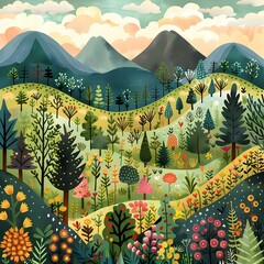 Wall Mural - Beautiful Mountain Landscape with Colorful Trees and Flowers