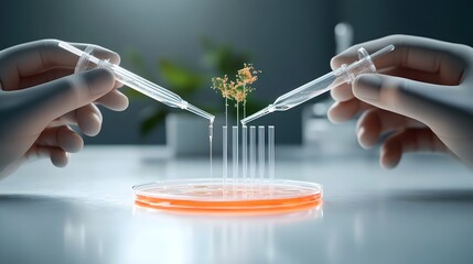 Poster - macro view of two hands meticulously handling a delicate glass pipette carefully dispensing a transp