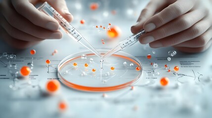 Poster - Macro view of two hands meticulously handling delicate glass pipette carefully dispensing transparent solution into pristine laboratory grade petri plate