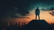 © THINNAKORN - A superhero standing on a skyscraper rooftop, watching over the city as night falls, vigilante story, heroism and protection