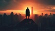 © THINNAKORN - A superhero standing on a skyscraper rooftop, watching over the city as night falls, vigilante story, heroism and protection