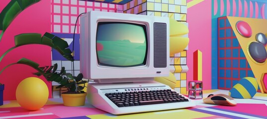Poster - Retro 90s Tech Advertisement with Vintage Desktop Computer and Vibrant Neon Geometric Background