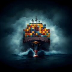 Poster - Majestic silhouette of a massive container ship its deck stacked high with uniform cargo containers traversing the misty churning waters of the open sea