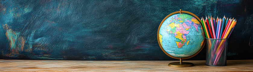 Wall Mural - Global Education and Creativity Colorful Stationery on Blackboard in Classroom Setting