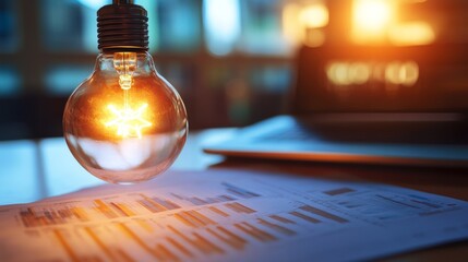 Poster - Illuminated Light Bulb Over a Table with Charts and Graphs