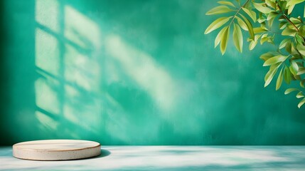 Poster - Minimalist 3D studio room setting with an emerald green product display podium empty concrete floor and wall window light shadow overlay on the countertop