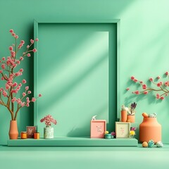 Poster - Minimalist 3D product photography studio with a jade green backdrop a clean empty interior and a product display pedestal  Natural light streams through the window