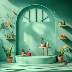 Poster - Minimalist 3D product photography studio with a clean jade green backdrop and natural lighting streaming through a window creating dynamic shadows on the empty interior and display pedestal