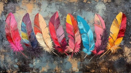 Aufkleber - Artwork featuring a composition of vibrant feathers on a textured backdrop suitable for interior decoration and mural art