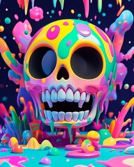 Wall Mural - A cheerful skull drips with bright colors surrounded by delightful splashes and bubbles