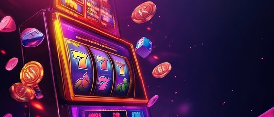 A vibrant digital slot machine with spinning reels, coins, and colorful graphics.