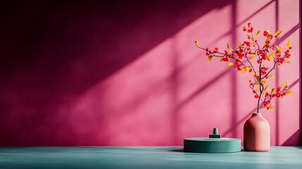 Poster - Minimalist 3D studio environment with a deep plum purple backdrop empty floor and wall a product display plinth and a shadow pattern created by a window aperture on the tabletop  The scene is a clean
