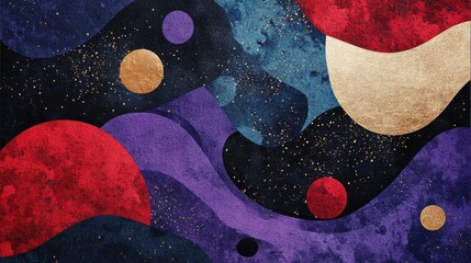 Aufkleber - Abstract Art Illustration In Dark Blue Black Red And Purple With Gold Organic Texture On Canvas Oil Colors Modern Wallpaper Design Featuring Asteroid Shapes